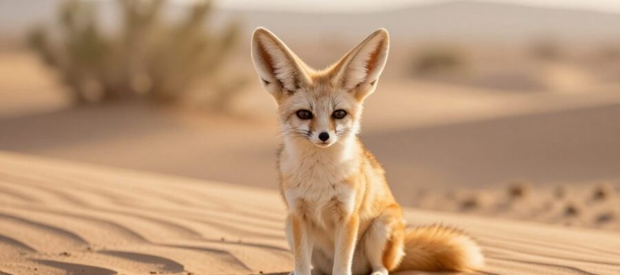 Un zorro fennec con grandes orejas sentado sobre una duna de arena en el desierto durante el atardecer.