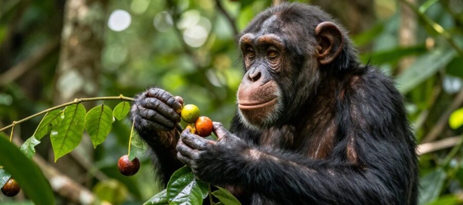 Un chimpancé inspecciona una pieza de fruta y una rama con hojas en medio de una selva tropical.