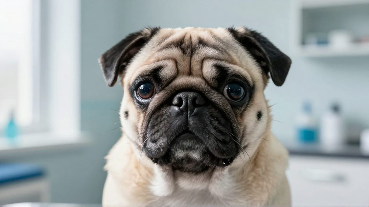 Primer plano de un bulldog francés sentado en una clínica veterinaria, resaltando los pliegues de su piel y la expresión de sus ojos.