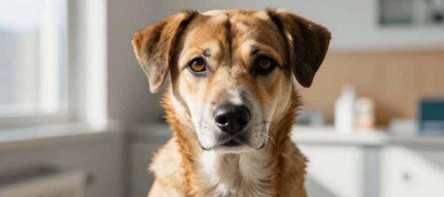 Perro mestizo con un pelaje de manchas asimétricas y marcas faciales distintivas sentado en una clínica veterinaria.