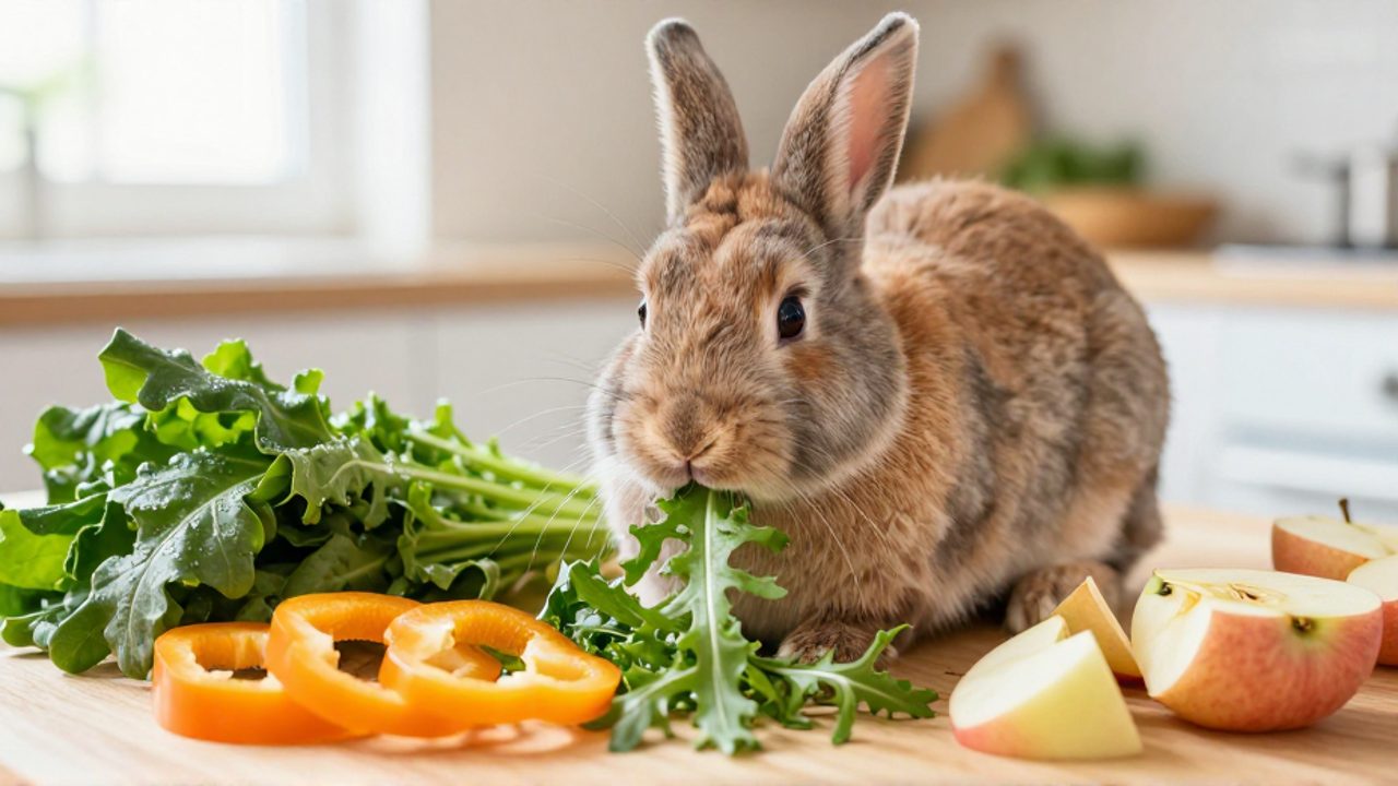 Un conejo enano muerde una hoja de rúcula rodeado de una variedad de vegetales frescos y trozos de manzana sobre una superficie de madera.