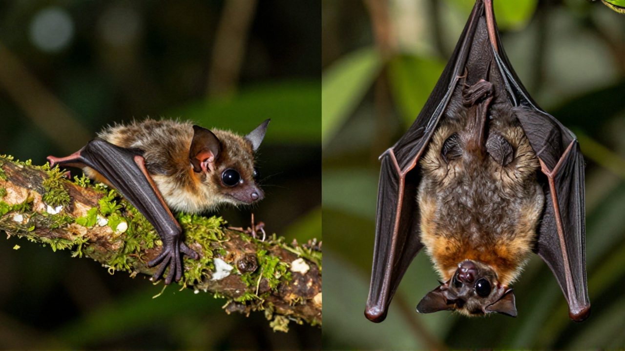 Comparativa de tamaño entre un pequeño murciélago de nariz de gato en una rama y un gran murciélago de fruta con alas extendidas en un entorno de selva.