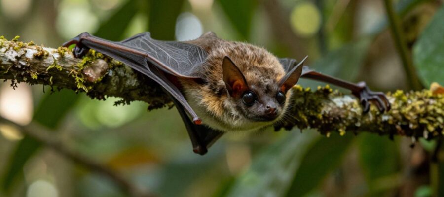 Pequeño murciélago insectívoro sujeto a la rama de un árbol cubierto de musgo en una selva tropical.