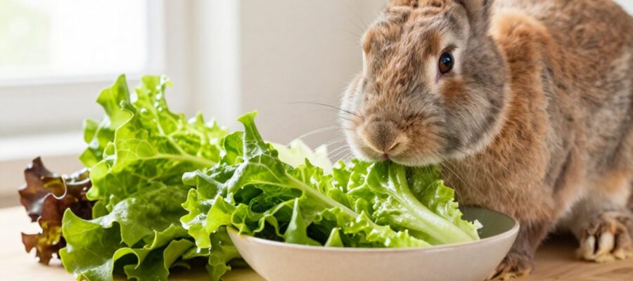 Conejo doméstico comiendo hojas de lechuga romana fresca de un cuenco sobre una mesa de madera.