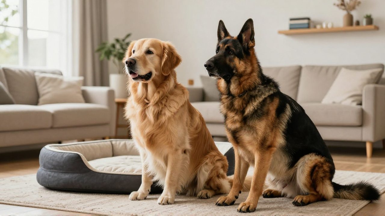 Un Golden Retriever y un Pastor Alemán sentados tranquilamente sobre una alfombra en una sala de estar luminosa.