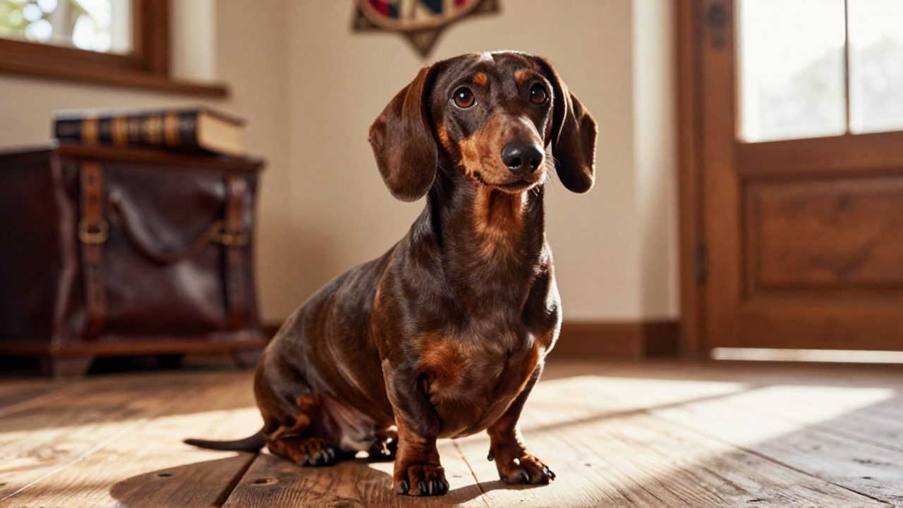 Perro salchicha sentado con expresión alerta sobre un suelo de madera en una acogedora estancia con toques decorativos de estilo alemán.