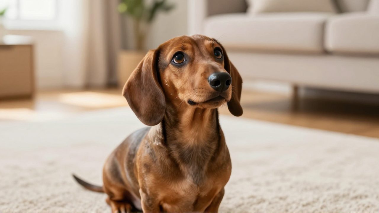 Cachorro de perro salchicha sentado sobre una alfombra en una sala, mirando con atención hacia arriba.