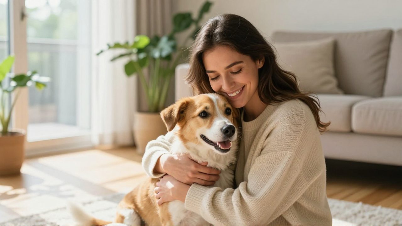 Mujer joven abrazando con afecto a un perro mestizo en una sala de estar iluminada por el sol.