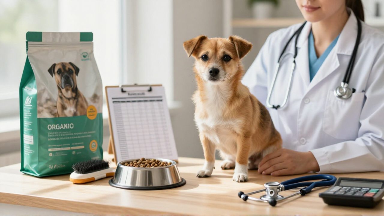 Un perro junto a artículos de cuidado como alimento, cepillo y estetoscopio sobre una mesa de madera, con una calculadora y una lista de presupuesto desenfocadas al fondo.