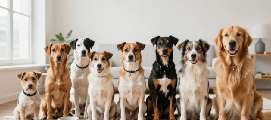 Diversos perros de distintos tamaños sentados en el suelo de una sala moderna junto a artículos de cuidado como un cuenco y un cepillo.