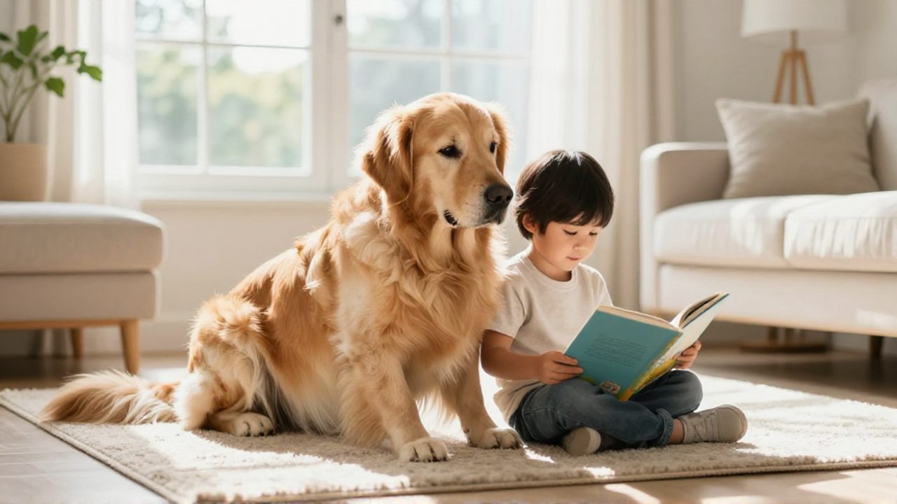 Un niño pequeño se apoya tranquilamente en un perro Golden Retriever mientras ambos leen un libro en la alfombra de una sala iluminada.