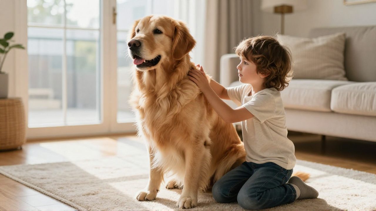 Un niño pequeño descansa su mano sobre el hombro de un perro Golden Retriever de gran tamaño mientras ambos están sentados en una sala de estar iluminada.