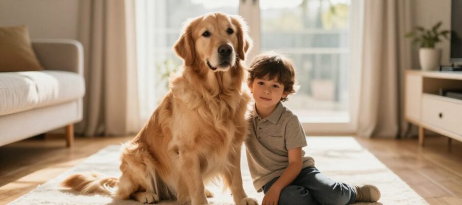 Un niño de cinco años se apoya con confianza en un perro Golden Retriever mientras ambos descansan juntos en una sala iluminada por el sol.