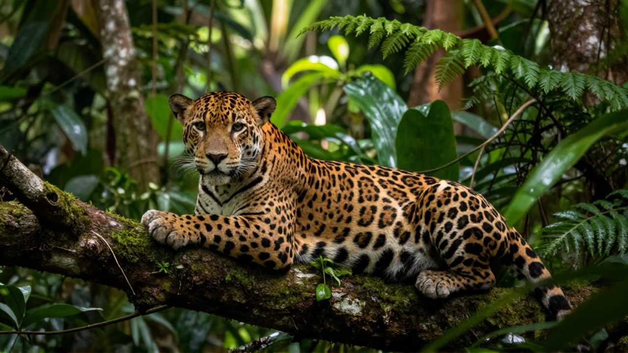 Un jaguar observa fijamente mientras descansa sobre una rama cubierta de musgo en la densa selva amazónica.