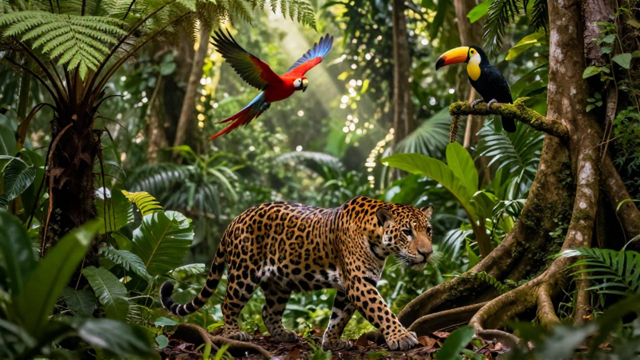 Un jaguar camina entre la densa vegetación de una selva mientras un guacamayo vuela al fondo y un tucán descansa en una rama.