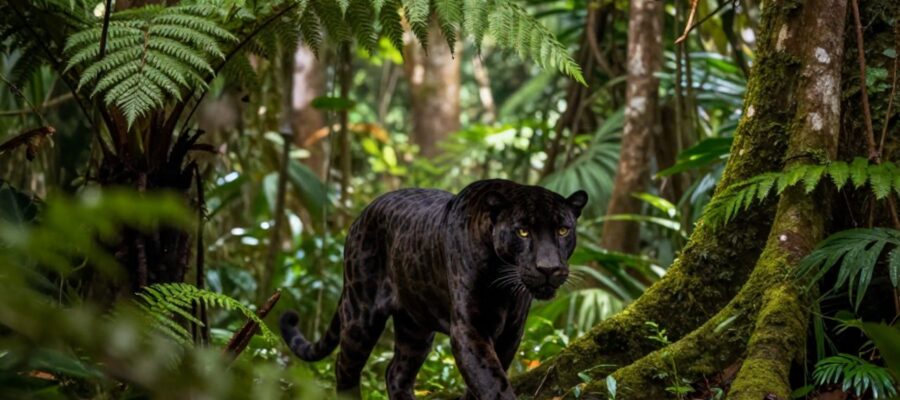 Un jaguar negro camina entre la densa vegetación y helechos de la selva amazónica bajo la luz filtrada de los árboles.
