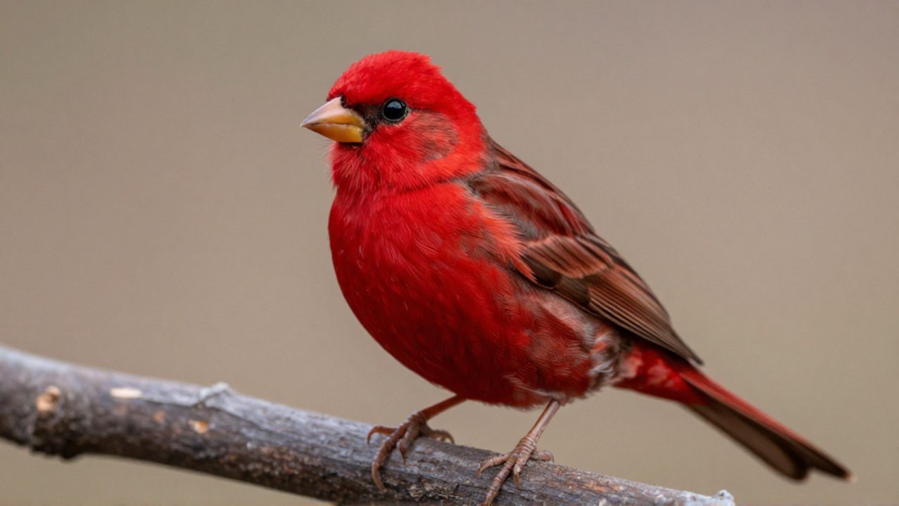 Canario de plumaje rojo intenso posado sobre una rama de madera oscura.