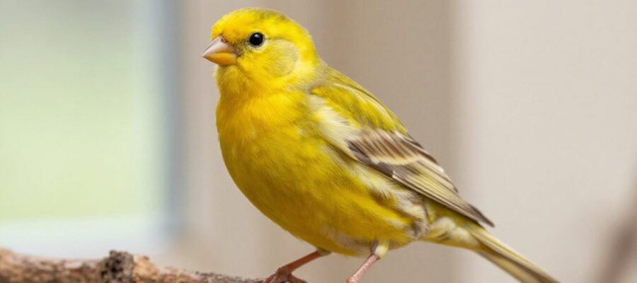 Canario de color amarillo brillante posado sobre una rama de madera en un entorno iluminado con luz natural.