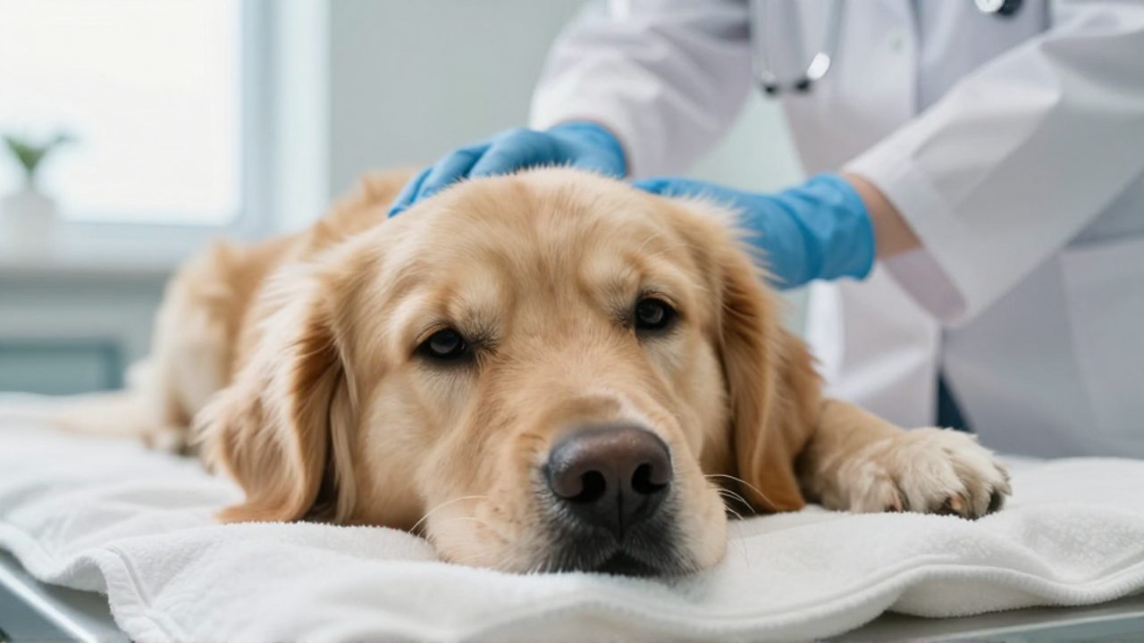 Perro golden retriever descansando sobre una manta blanca mientras un veterinario con guantes médicos lo acaricia en una clínica.