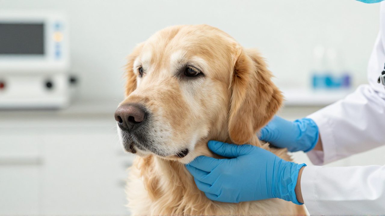 Un veterinario con guantes azules realiza un examen clínico a un perro Golden Retriever en una clínica moderna.