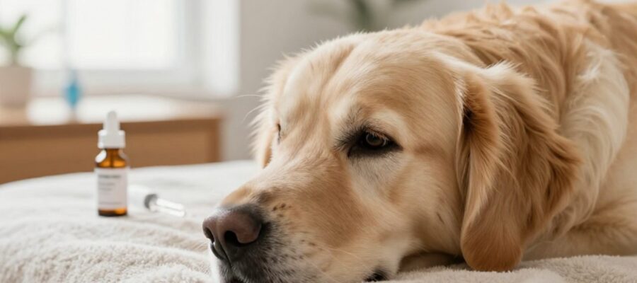 Perro con aspecto cansado descansando sobre una manta cerca de un frasco de medicación veterinaria.