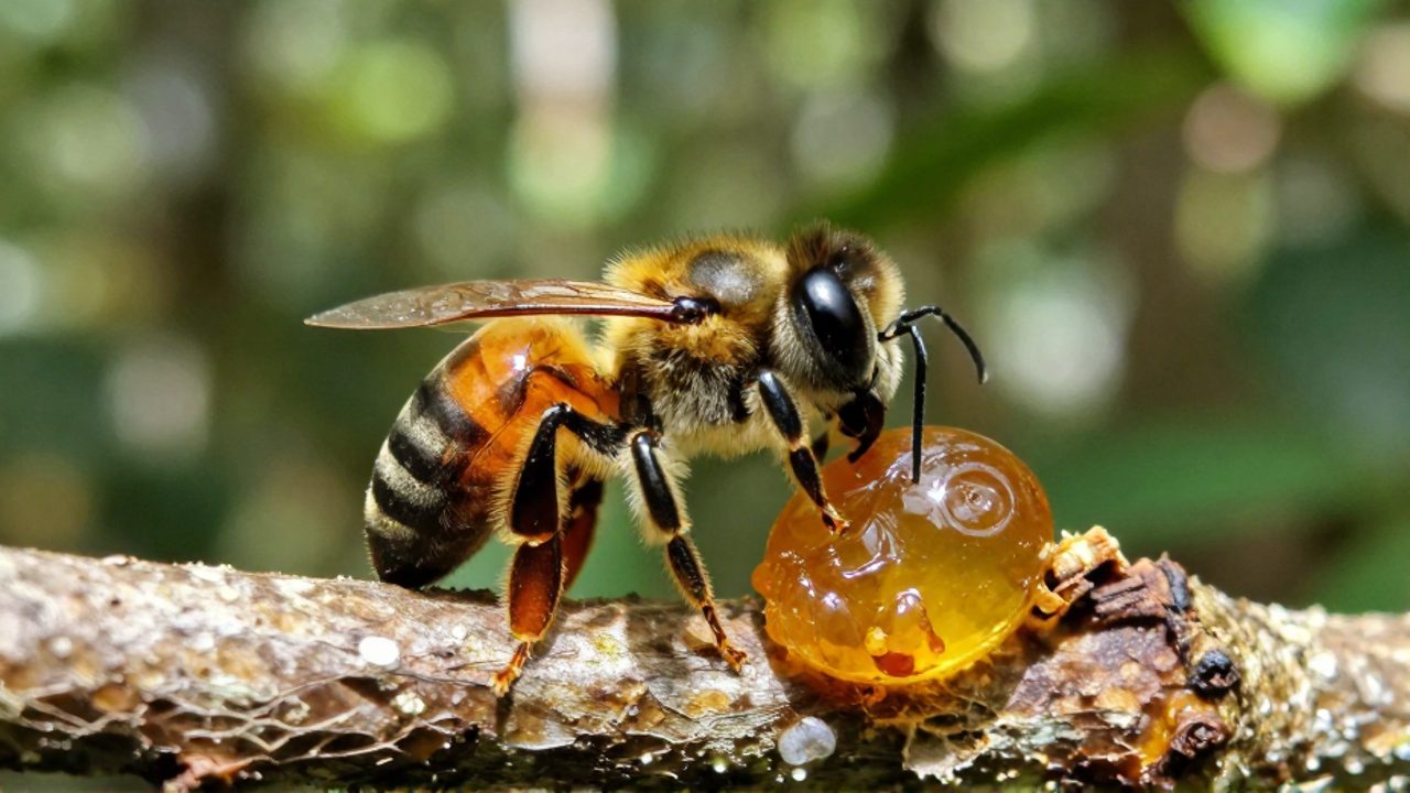 Abeja Melipona recolectando una gota de resina ámbar sobre la rama de un árbol en un entorno de selva tropical.