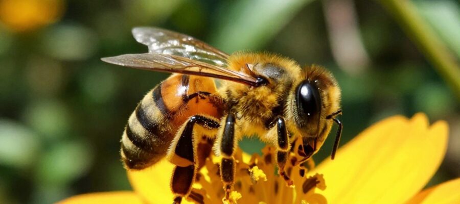 Abeja melipona cubierta de granos de polen dorado mientras recolecta néctar en una flor tropical.