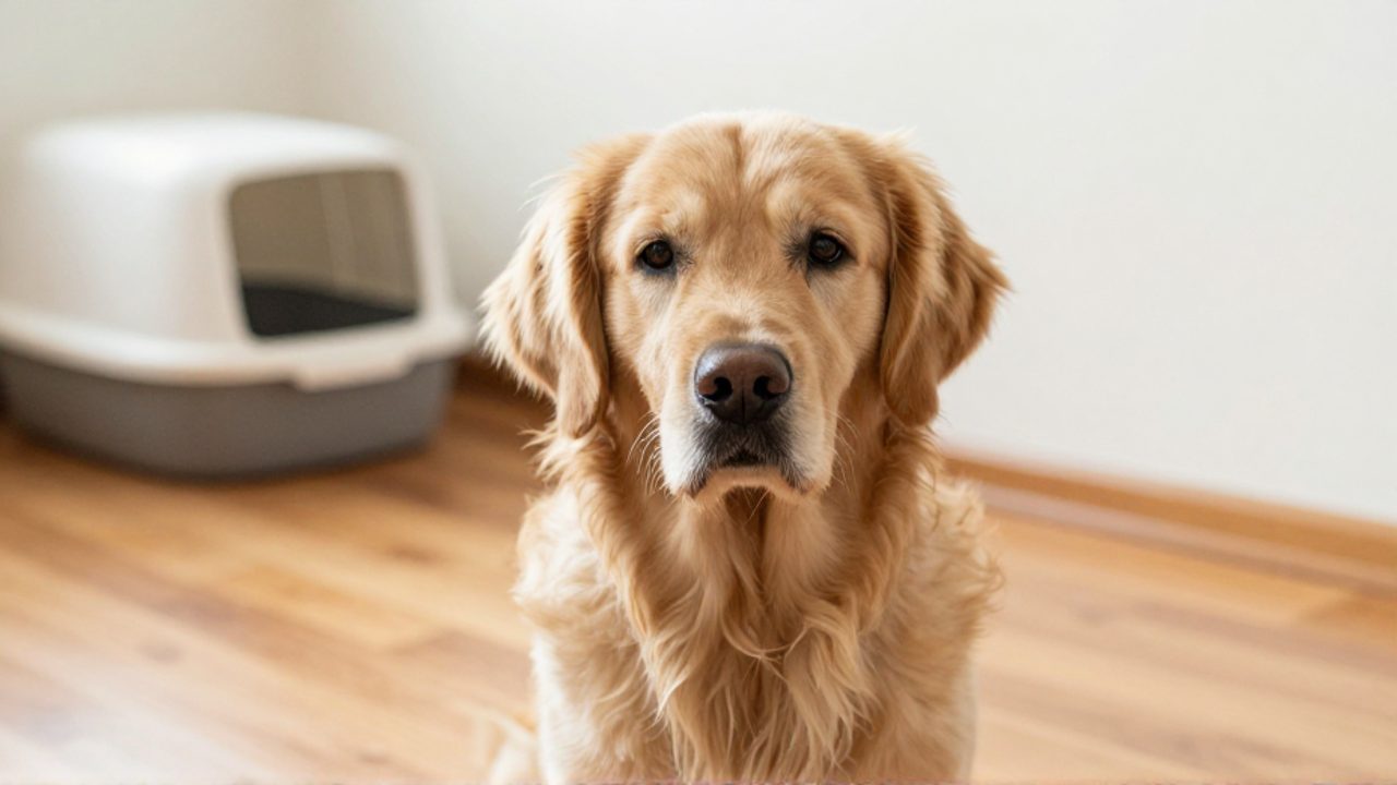 Un perro Golden Retriever con expresión de preocupación sentado en una sala de estar con un arenero de gato al fondo.
