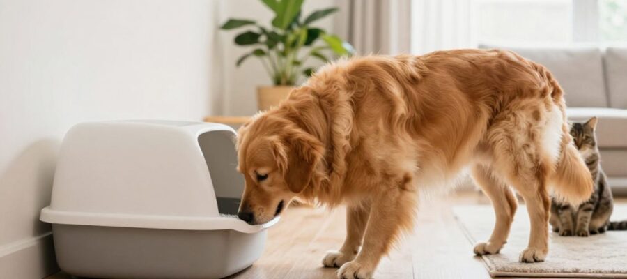Un perro Golden Retriever curioso olisquea la caja de arena de un gato en una sala de estar iluminada.