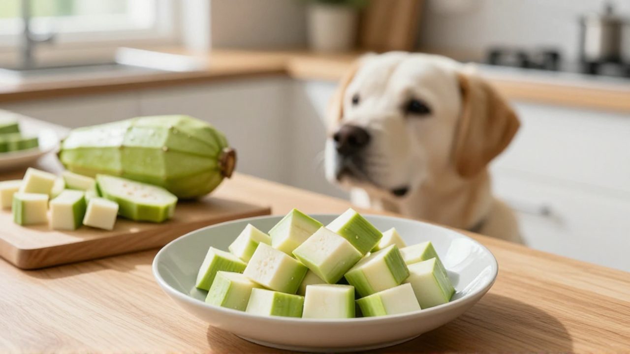 Un perro espera junto a un cuenco con trozos de chayote al vapor y picado sobre una encimera de madera en una cocina luminosa.