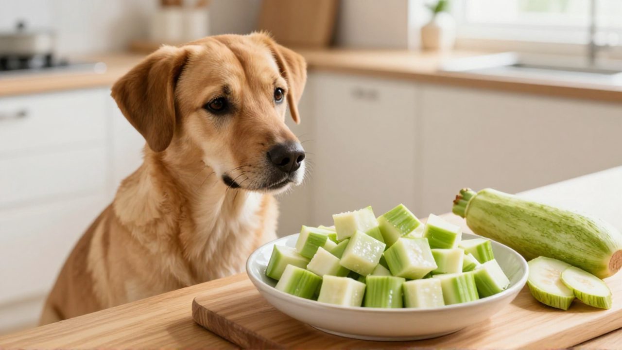 Perro de tamaño mediano sentado en una cocina mirando con curiosidad un cuenco acompañado de trozos de chayote cocido y piezas frescas sobre una tabla de madera.