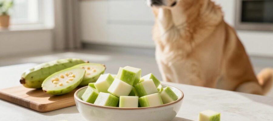 Perro de tamaño mediano sentado frente a un cuenco con trozos de chayote cocido en una cocina iluminada.