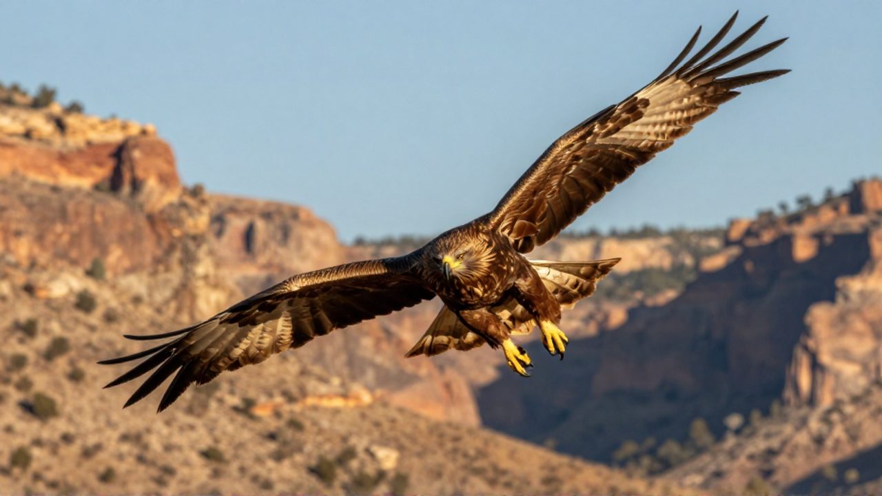 Un águila vuela en picado con sus garras extendidas listas para atacar en un paisaje de cañones rocosos.