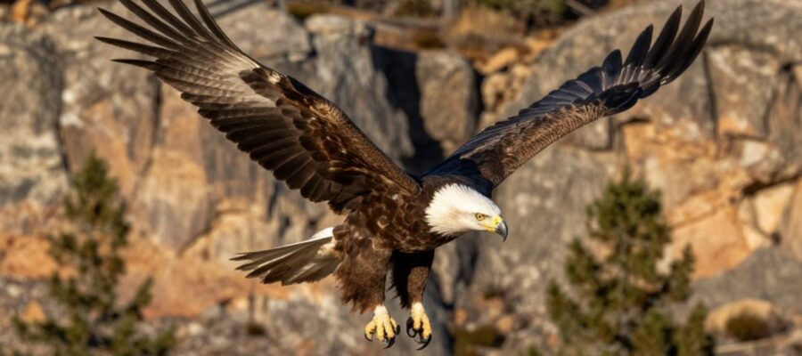Águila calva descendiendo en picado con las garras extendidas para cazar sobre un paisaje de cañones rocosos.