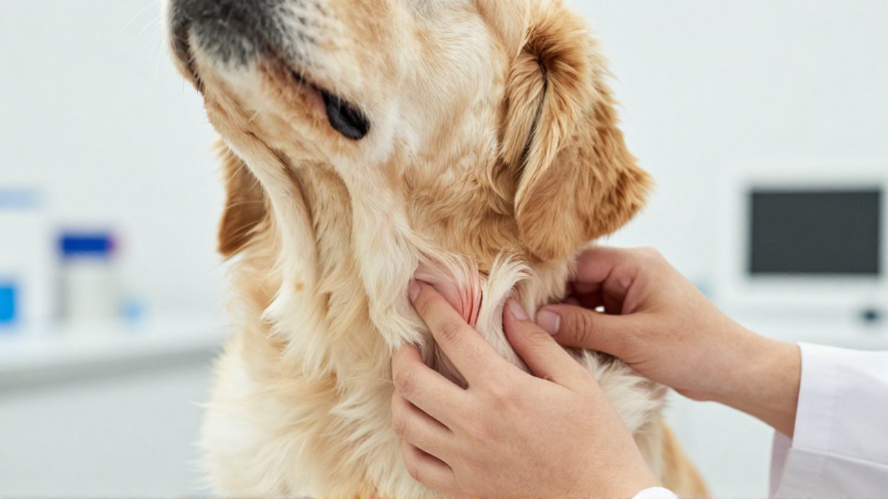 Un veterinario examina con cuidado un bulto inflamado en el cuello de un perro Golden Retriever.