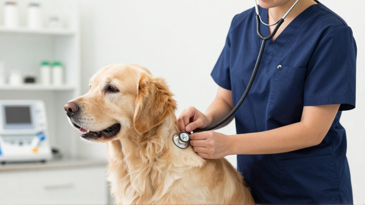 Un veterinario examina con cuidado el cuello de un perro golden retriever mediante palpación en una clínica profesional.