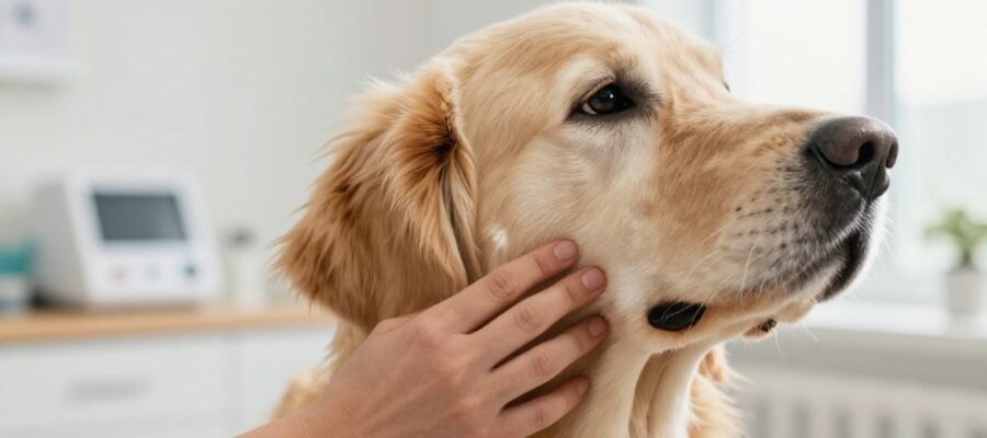 Una mano examina con cuidado la zona del cuello de un perro Golden Retriever en una clínica veterinaria.