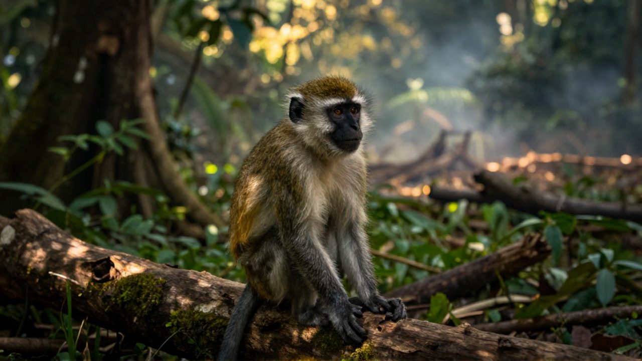 Un mono vervet alerta sentado sobre un tronco con musgo en el borde de una selva que colinda con terrenos deforestados.