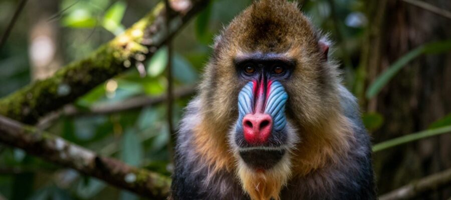 Primer plano de un mandril con sus distintivas marcas faciales de colores rojo y azul en medio de una selva africana.