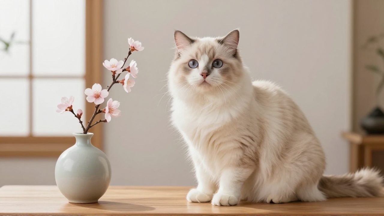 Gata de pelo largo color crema y blanco sentada junto a una rama de flor de cerezo en un ambiente luminoso y sereno.