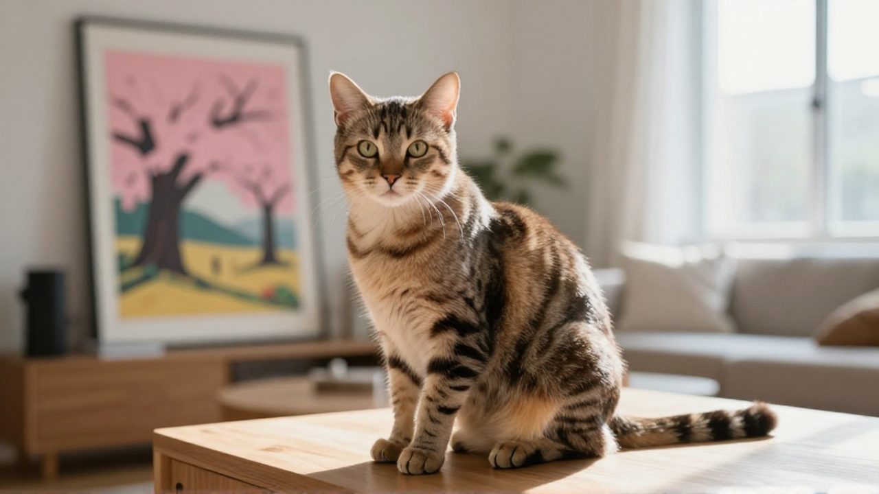 Gato de pelaje brillante sentado en una sala iluminada con arte de estilo anime de fondo.