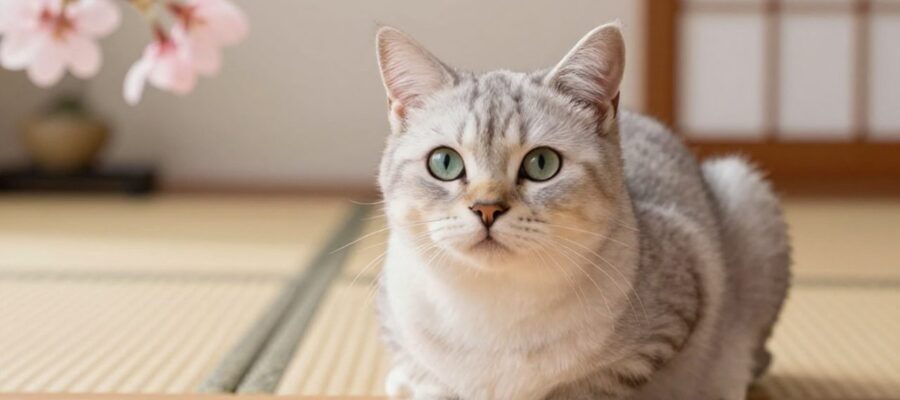 Primer plano de un gato sentado con elegancia sobre una superficie de madera en un entorno de inspiración japonesa con pétalos de cerezo y un fondo de estilo zen.