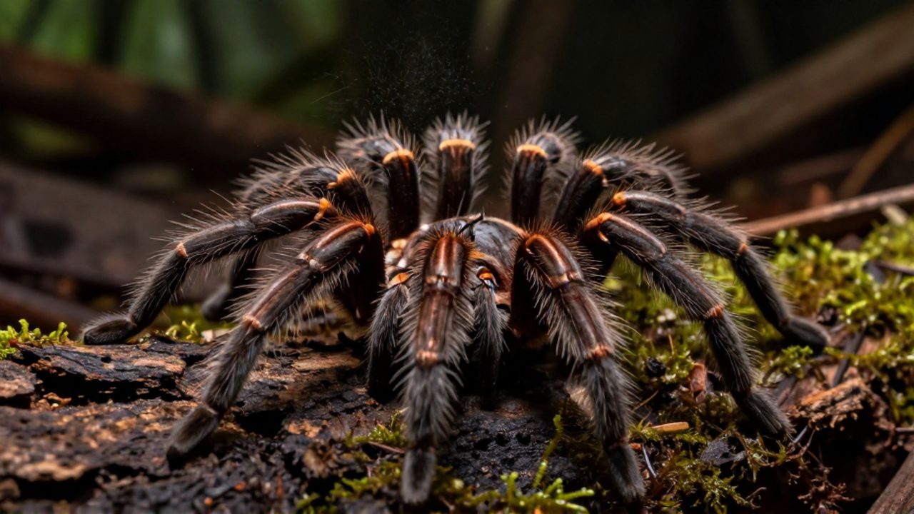Tarántula sobre madera con musgo lanzando pelos urticantes desde su abdomen como mecanismo de defensa.
