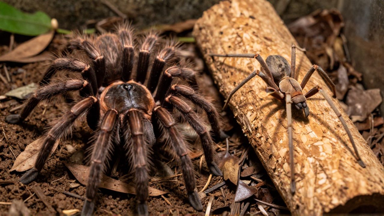Comparativa entre una tarántula terrestre de cuerpo robusto sobre tierra y hojas, y una tarántula arbórea de patas largas sobre corteza de corcho.