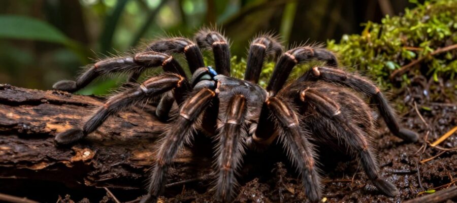 Tarántula terrestre con cuerpo robusto y vellosidades oscuras descansando sobre madera en descomposición y suelo húmedo de un bosque tropical.