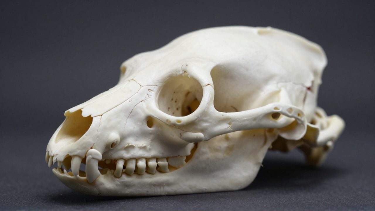 Modelo anatómico de un cráneo de gato de perfil que muestra la estructura de los huesos faciales, las órbitas oculares y la cavidad nasal.