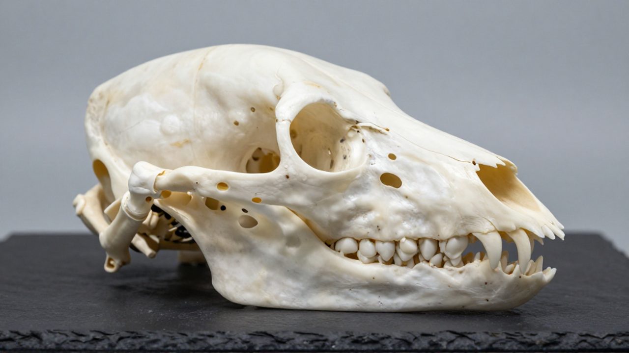Perfil lateral de un cráneo felino que muestra la estructura de la mandíbula, los dientes y la articulación temporomandibular.