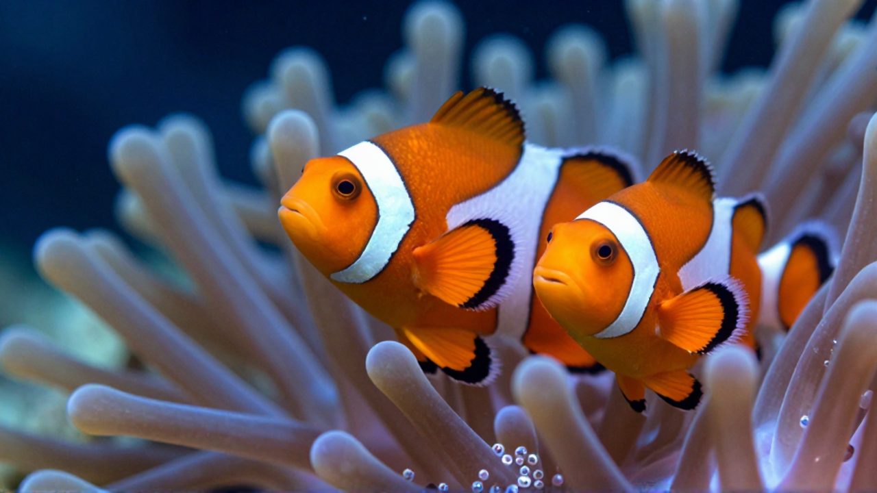 Pareja de peces payaso nadando junto a una anémona junto a una masa de huevos diminutos adheridos a un coral.