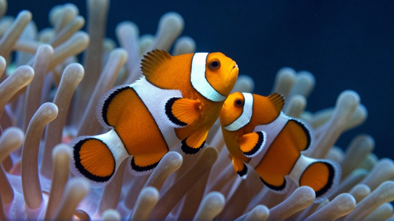 Pareja de peces payaso naranja y blanco realizando un cortejo sincronizado entre los tentáculos de una anemona marina.