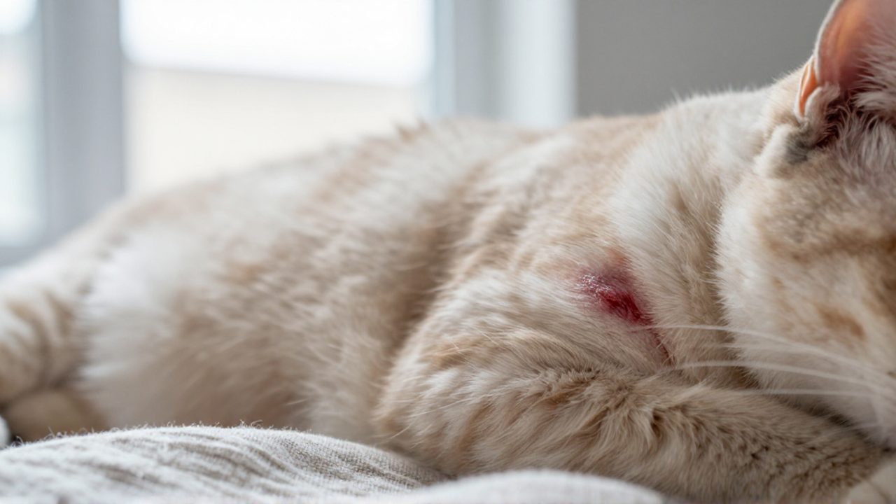 Primer plano de una zona irritada y enrojecida en la piel de un gato doméstico sobre una manta neutra.